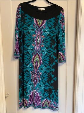 Teal, Purple & Black Printed Midi Dress 70s Bell Sleeves Light Weight Flowy